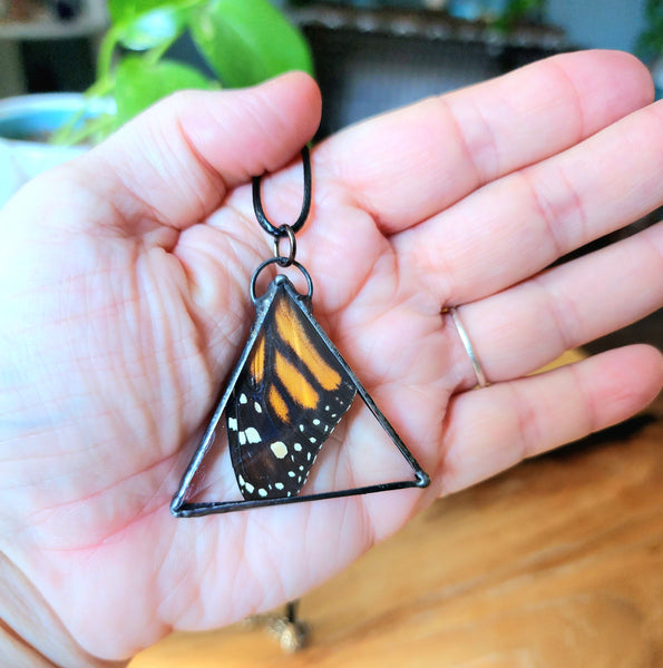 Monarch Beveled Triangle Pendant, Monarch Butterfly Wing Necklace